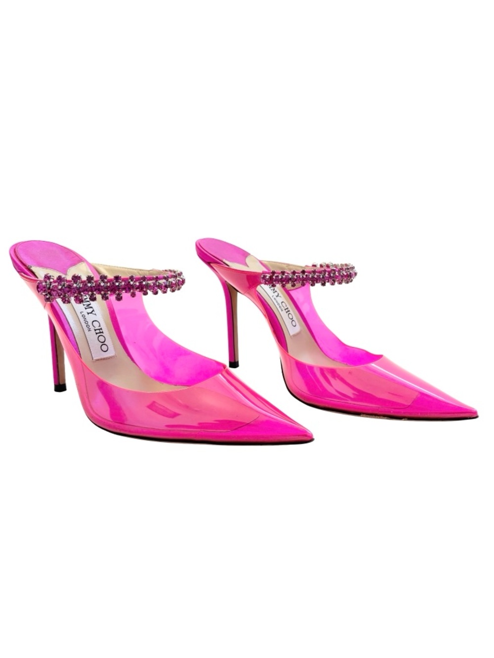 Jimmy Choo Bing 100 Hot Pink Crystal Heels pointed toe pumps Neon PVC 37 US 7